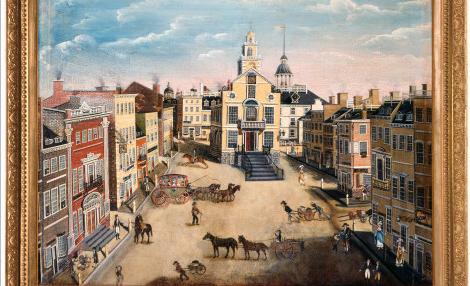 这是一幅城市街道的肖像，街道边缘是高楼大厦，中间是骑着马或坐着马车的人们穿过开阔的土路