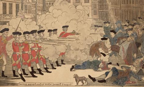 Colored drawing depicting the King Street massacre; a group of British soldiers wearing red coats (right) face off against an unruly crowd an unruly crowd (left) wearing blue coats